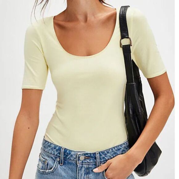 NWOT Free People High Noon Bodysuit Yellow Short Sleeves Scoop Neck S Cotton - Picture 2 of 15